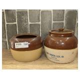 PAIR OF VINTAGE POTTERY CROCK BEAN POTS INCLUDING CARO FARMERS ELEV. CO. BEANS