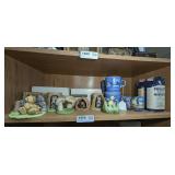 WOODLAND SURPRISES BISQUE PORCELAIN FIGURINES, CURRIER AND IVES WINTER SCENE MUGS, THOMAS KINKADE MUGS, AND MORE ON SHELF MARKED 1470