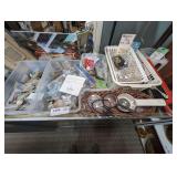 ALL ITEMS ON TOP OF DISPLAY CASE MARKED 1490 INCLUDING PINS, MAGNETS, KEYCHAINS, UNSEARCHED BASEBALL CARDS, VINTAGE FLATWARE, AND MUCH MORE