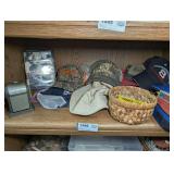 ADVERTISING CAPS, MINIATURE LICENSE PLATES, DICK TRACY COLLECTOR CARDS, VINTAGE PENCIL SHARPENER, AND MORE ON SHELF MARKED 1446