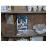 FORMAL GLASS SERVING DISHES, OLD HANDMADE BOX, COMICAL ART, AND DELUXE FIVE PUZZLE PACK