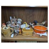 DECORATIVE ITEMS, HEAVY ENAMELED CAST IRON SMALL POT FROM FRANCE, HISTORIC BRICK, AND MORE ON SHELF MARKED 1310