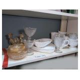 MARIGOLD DEPRESSION GLASS, MILK GLASS, AND MORE ON SHELF SECTION MARKED 1522