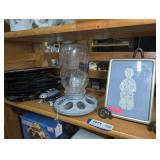 STEAK PLATES, PRIMITIVE BALL MASON JAR BIRD FEEDER, AND MORE ON SHELF MARKED 1671