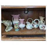 VINTAGE POTTERY ON SHELF MARKED 1301 INCLUDING HULL, ROSEVILLE, AND MORE