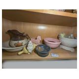 POTTERY AND MORE ON SHELF MARKED 1549 INCLUDING MCCOY, HULL, AND MORE