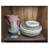 VINTAGE HULL  POTTERY VASE AND VINTAGE DECORATIVE / SOUVENIR PLATES AND TIN SERVING TRAY