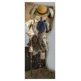 ANTIQUE DOUBLE LIGHT FLOOR LAMP AND BRASS COAT RACK WITH CONTENTS INCLUDING NAME BRAND PURSES, LADIES HATS, AND MORE