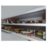 ALL VINTAGE DIECAST METAL AND WOODEN CAR/TRACTOR MODELS ON TWO SHELVES MARKED 1266