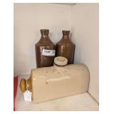 PAIR OF OLD P.  &  J. ARNOLD GLAZED POTTERY CROCK 32 OZ BOTTLES AND GLAZED POTTERY ROLLING PIN DECANTER