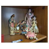 ALL VINTAGE FIGURINES AND ORIENTAL PIN CUSHION IN SHELF SECTION MARKED 1423