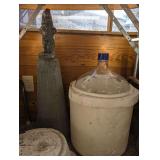 VERY LARGE WINE MAKING JUG WITH STYROFOAM CASE PLUS ANTIQUE CAST STONE GNOME AND PEDESTAL YARD ART