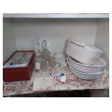 VINTAGE REED & BARTON CRYSTAL BELL IN ORIGINAL BOX, CORNINGWARE, AND MORE ON SHELF MARKED 1607