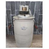 ANTIQUE NUMBER 4 POTTERY CROCK CHURN WITH MID-CENTURY LIBERTY MAID DELUXE ELECTRIC CHURN