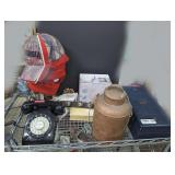 UGA HATS, VINTAGE ROTARY DIAL TELEPHONE, ANTIQUE DOOR KNOBS, AND MORE ON TOP SHELF MARKED 1652