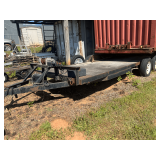 DUAL AXLE FLAT BED TRAILER-BEING SOLD OFF ROAD FARM USE ONLY.BUYER RESPONSIBLE FOR GETTING REGISTRATION. PLEASE CHECK WITH YOUR LOCAL TAG OFFICE. Approx 16 ft . Container scene in photo background not