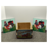 “Vegetable” box, also includes two glass trivets with rooster motif, see pictures or details.