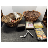 Handled baskets, two pieces, one with assorted content, see pictures for details.