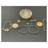 Assorted Jewelry, Pins, Wooden Nickels and Glass Ring Holder