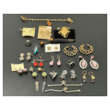 Assorted Jewelry Collection Including Earrings, Scarf Clip, and Ring