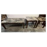 Coffee table and matching end tables with faux marble look, the veneer is peeling on the coffee table edges, see pictures for details.