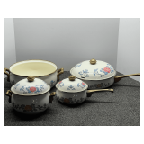 Vintage collectible Normandy enameled pots with floral pattern and brass handles. Includes frying pans and sauce pots, see pictures for details.