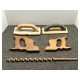 Lot of Assorted Hand Tools Including Plaster Floats and Auger Drill Bit