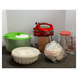 Von Shelf hand mixer, batter dispenser, egg cooker, Jel-ring mold, and salad spinner, most of these items appear to have never been used, see pictures for details.