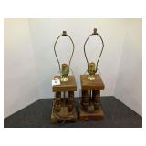 Vintage, turned wood side table lamps, set of two, see pictures for details.