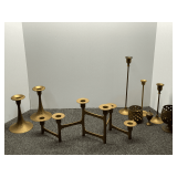 Assortment of vintage brass candlestick holders, approximately nine pieces, and more. See pictures for details.