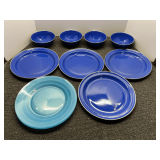 Enamel metal dinner plates and bowls, and more. 12 pieces total, see pictures for details.