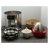 Assorted kitchen items to include a Dash egg cooker, working condition unknown, lined wire basket, lidded sugar bowl, and more. See pictures for details.