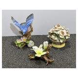 Vintage Lefton porcelain bird figurine, also includes two Capodimonte style floral sculpture and basket, see pictures for details.