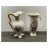 Vintage hand-painted porcelain floral pitcher, believed to be Lefton china, this piece has some light cracking on the back, also includes a beautiful porcelain pitcher or ewer, with hand-painted rose 