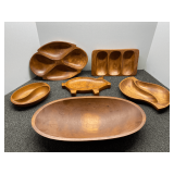 Vintage wooden bowls, and divided bowls, six pieces, see pictures for details.