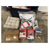 Mystery lot of assorted household items and home decor, includes a lovely accent pillow, wreath storage bags, storage containers, table coverings, and much more. See pictures for details.