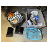 Mystery lot assortment to include roasting rack, glass chess pieces, heavy duty storage bags, wire metal shelf, large planter, desk organizers, and much more. See pictures for details.