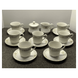 Sterling fine china, “Florentine” pattern cups, saucers, and sugar and creamer, approximately 15 pieces, see pictures for details.