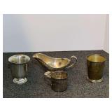 Vintage silver plated cups and gravy boat, also includes a vintage French pewter cup, four pieces total, see pictures for details.