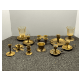 Vintage brass candlestick holders, approximately 11 pieces, see pictures for details.