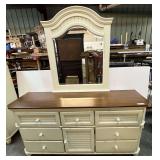 Seven drawer with small cabinet two toned dresser with mirror, see pictures for details.