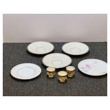 Vintage plates/saucers, includes Lenox, and Royal Court china, also includes three miniature porcelain footed cups, see pictures for details.