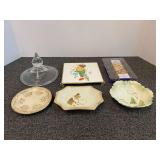 Assorted items to include a lovely hand painted trinket dish, vintage/antique German porcelain berry bowl, tile trivet, and more. Six pieces total, see pictures or details.