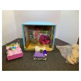 Doll play set, with a 'Cool Courtney' doll from the 'Our Generation Minis' line by Battat.  Also includes a vintage/antique composite doll, does have missing parts. See pictures for details.