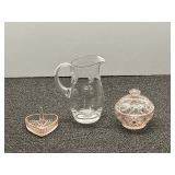 Lovely etched pitcher, believed to be vintage Princess House, covered trinket dish, and heart shaped ring holder. See pictures for details.