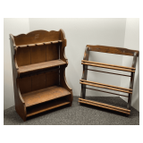 Wooden wall mount spice rack, also includes a wall mount knickknack curio, see pictures for details.