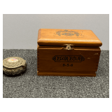 Small collectible wooden cigar box, some content, see pictures for details.
