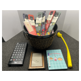 Collectible basket with assorted household items to include incense, girls journal, ribbon, and more. See pictures for details.