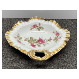 Vintage Japanese porcelain candy dish featuring a 'Moss Rose' floral pattern with a ruffled edge and gold trim. See pictures for details.