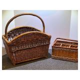 Wicker/rattan/woven baskets, two pieces to include a utensil organizer, see pictures for details.